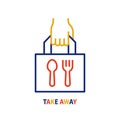 Take away food line icon. Hand and paper bag simbol. Takeaway service vector sign