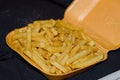 Take Away French Fries In A Plastic Tray Up Close