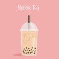 Take away glass of pearl milk tea with straw. A cup of famous Taiwanese bubble tea on pink background with caption