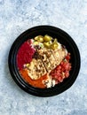 Take Away Jamaican Food Bowl with Chicken, Red Kidney Beans, Beet Sauce, Basmati Rice Pilaf, Avocado Guacamole, Jalapeno Pepper