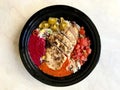 Take Away Jamaican Food Bowl with Chicken, Red Kidney Beans, Beet Sauce, Basmati Rice Pilaf, Avocado Guacamole, Jalapeno Pepper