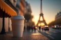 Take away coffee cup on the cafe table in Paris, Eiffel tower on sunset background. Generative AI Royalty Free Stock Photo