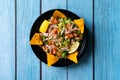 Take Away Mexican Food Pico De Gallo Salsa Salad with Tortilla Nachos, Tomato, Onion, Lime, Cilantro, Parsley, Jalapeno Pepper in Royalty Free Stock Photo