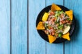 Take Away Mexican Food Pico De Gallo Salsa Salad with Tortilla Nachos, Tomato, Onion, Lime, Cilantro, Parsley, Jalapeno Pepper in Royalty Free Stock Photo