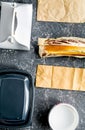 take away with sandwich and paper bags on table background top view Royalty Free Stock Photo