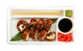 Take away set of eel unagi sushi rolls on white Royalty Free Stock Photo