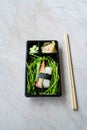 Take Away Sushi Kani Nigiri Surimi Crab with Chopsticks in Black Plastic Plate