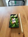 Take Away Sushi Kani Nigiri Surimi Crab with Chopsticks in Black Plastic Plate