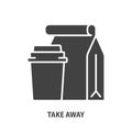 Take away vector concept. Package with food and paper cup glyph icon