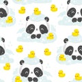 Take a bath panda bear Hand drawn cute rubber yellow duck pattern seamless vector illustration Royalty Free Stock Photo