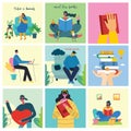 Take a break collage illustration. People have rest and drink coffee, use tablet on chair and sofa. Flat vector style.