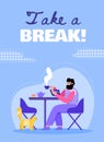 Take a break poster with man drinking coffee at cafe table and reading book Royalty Free Stock Photo