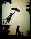 Take care the dog, Girl on the balcony holding the umbrella above the dog, my friend dog, shadow,