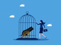 Take control of trade and business wars. Businesswoman locks a cannon in a birdcage