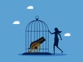 Take control of trade and business wars. woman locks a cannon in a birdcage