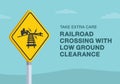 Take extra care, railroad crossing with low ground clearance sign. Close-up view. Royalty Free Stock Photo