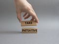 Take initiative symbol. Wooden blocks with words Take initiative. Beautiful grey background. Businessman hand. Business and Take