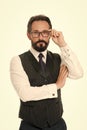 Take look carefully. Man bearded wear eyeglasses isolated white. Businessman teacher adjust eyeglasses. Take look