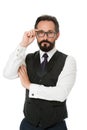 Take look carefully. Man bearded wear eyeglasses isolated white. Businessman teacher adjust eyeglasses. Take look