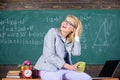 Take a minute break. Working conditions for teachers. Working conditions which prospective teachers must consider. Woman Royalty Free Stock Photo