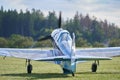 Take off from grass airfield of Ultralight replica of soviet fighter plane Yakovlev Yak 3.