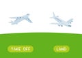 TAKE OFF and LAND antonyms word card vector template. Flashcard