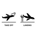 Take off and landing icon. Arrivals and departure plane icon isolated on background