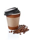 Take-out blank paper brown coffee cup with black cover, craft cup holder and beans Royalty Free Stock Photo