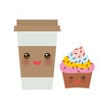 Take-out coffee in Paper thermo coffee cup with brown cap and cup holder, chocolate cupcake. Kawaii cute face with eyes and smile Royalty Free Stock Photo