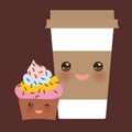 Take-out coffee in Paper thermo coffee cup with brown cap and cup holder, chocolate cupcake. Kawaii cute face with eyes and smile Royalty Free Stock Photo