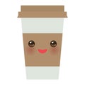 Take-out coffee in Paper thermo coffee cup with brown cap and cup holder. Kawaii cute face with eyes and smile Isolated on white