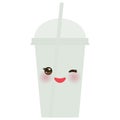 Take-out smoothie transparent plastic cup with straw and whipped cream. Kawaii cute face with eyes and smile Isolated on white ba