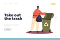 Take out trash concept of landing page with man throwing away waste from home