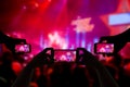 Take photo crowd in front of concert stage blurred