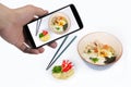 Take photo the Jasmine rice topped soft boil eggs and fried pork Royalty Free Stock Photo
