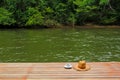 Take a relax time with a cup of coffe and straw hat Royalty Free Stock Photo