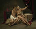 Modern remake of classical artwork with modern tech theme - young medieval couple on dark background