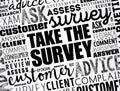 Take the Survey - take part in a questionnaire, to give one`s opinion, word cloud concept background