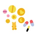 Take a vitamin. Tablets, capsules, chewable vitamins, gummy bears, pills. Flat cartoon vector illustration, hand drawn, isolated
