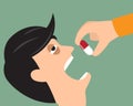 Take your medicine concept. Person puts tablet in mouth. vector Royalty Free Stock Photo