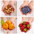 Take your pick. Composite shot of a variety of fruit and nuts being held in a persons hands.