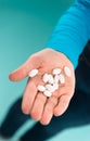 Take your pills. Pills on human hand. Prescribed and dispensed pills. Pills for flu and cold. Tablets and drugs. Health Royalty Free Stock Photo