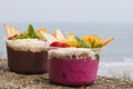 Takeaway acai bowls with fresh fruit and mint Royalty Free Stock Photo