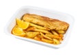 Takeaway box Fish and chips dish with french fries. Isolated on white background. Top view. Royalty Free Stock Photo
