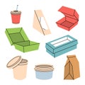 Takeaway cardboard boxes set. Empty cardboard boxes for takeaway food. Paper and plastic delivery containers. Vector Royalty Free Stock Photo