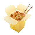 Takeaway carton wok box noodles with vegetables and fried meat. Asian food. Vector illustration isolated on white