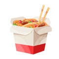 Takeaway carton wok box noodles with veggies and fried pork