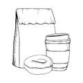 Takeaway coffee cup, glazed donut and paper craft bag black and white vector illustration for breakfast and lunch Royalty Free Stock Photo