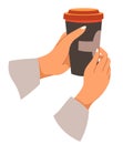 Takeaway coffee, hands holding brewed beverage