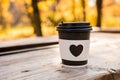 Takeaway coffee with heart shape on glass, autumn consept